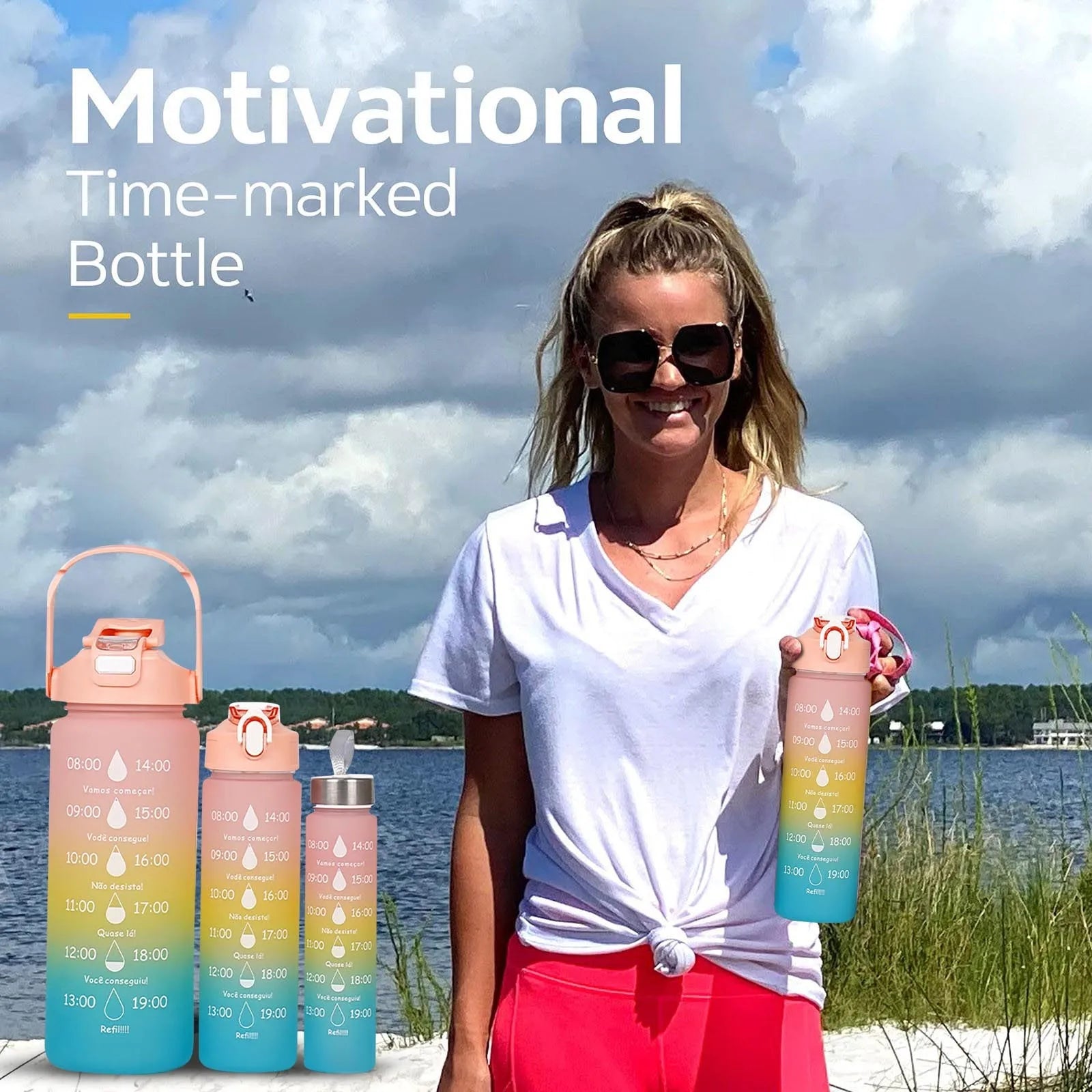 3PC Sports Water Bottle with Straw Time Marker Leak-proof Cup Large Capacity Portable Water bottle for Outdoor Sport Fitness Jug | body SPECIFICATIONS span